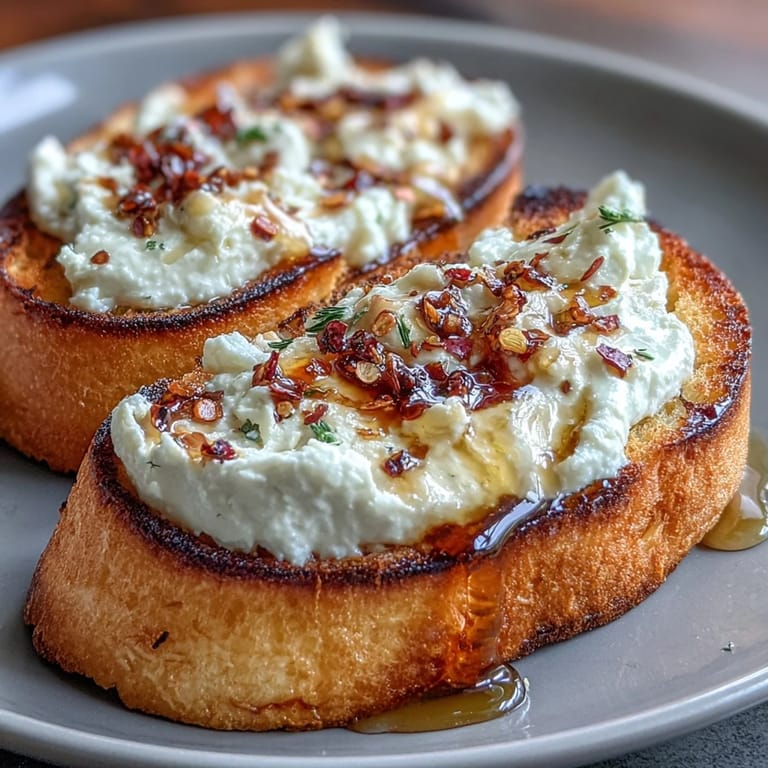 Golden baguette slices spread with velvety whipped feta, infused with lemon and topped with a drizzle of spicy hot honey.