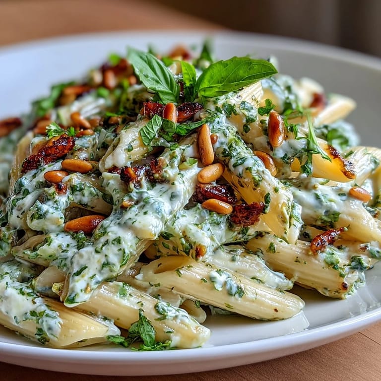 A bowl of penne pasta coated in rich cream cheese pesto, garnished with extra pine nuts and fresh basil leaves.  