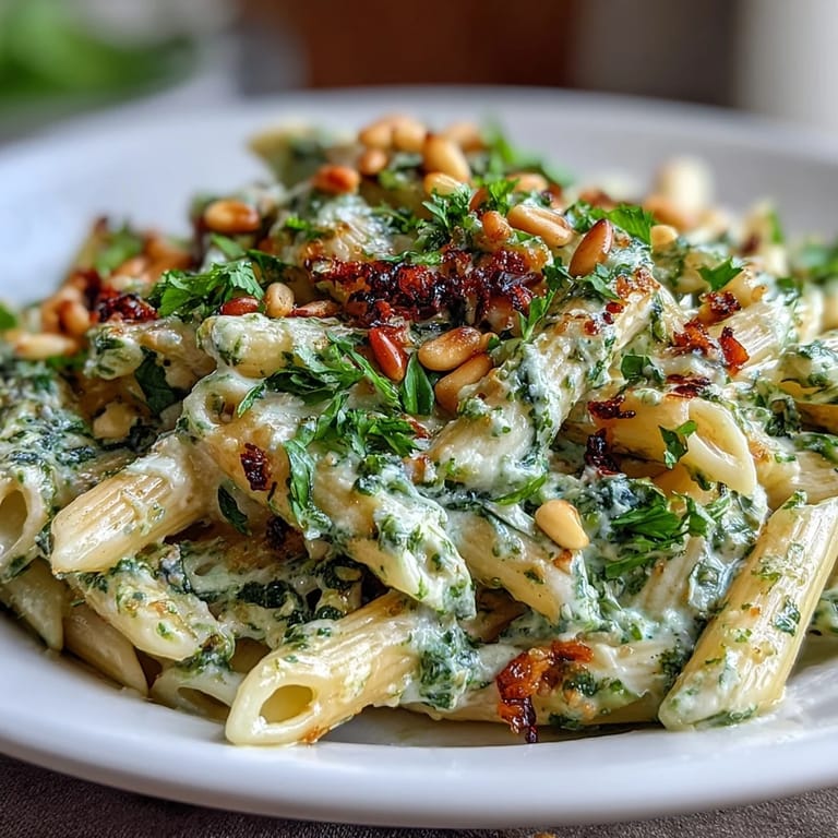 Luxurious cream cheese pesto pasta dish served hot, featuring silky sauce, fragrant basil, and crunchy toasted pine nuts.