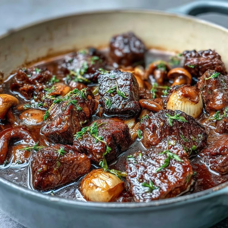 A comforting bowl of Wild Mushroom Beef Bourguignon with braised beef, pearl onions, and earthy mushrooms in a glossy Burgundy wine gravy.