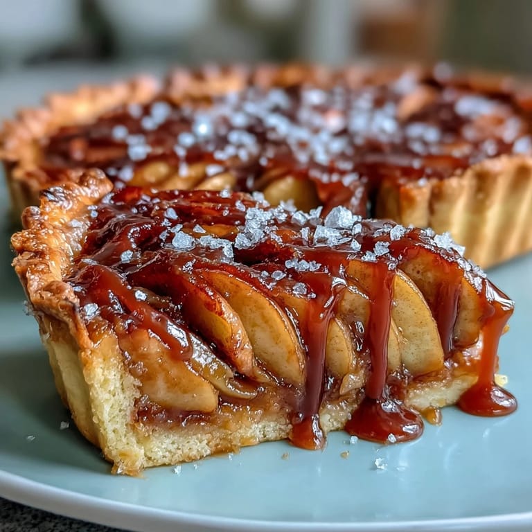 Decadent French-American dessert tart filled with tender spiced apples, topped with homemade salted caramel for a sweet-salty finish.  