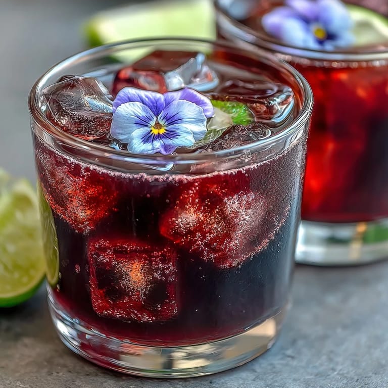 Elegant gin and black currant cocktail with lime wheel and edible flowers, perfect for summer sipping.