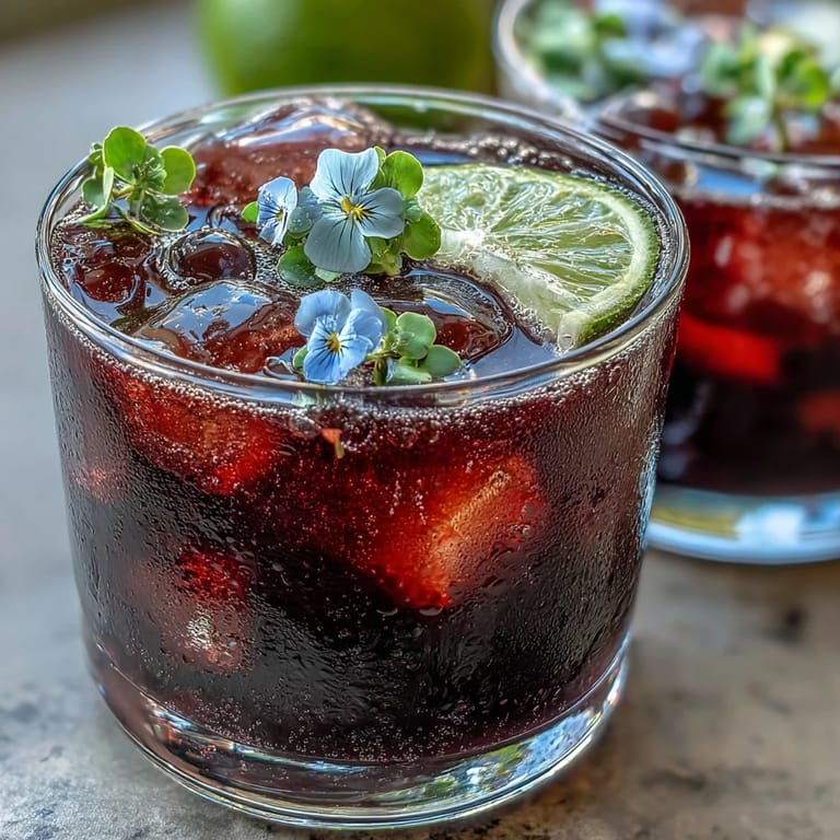 Vibrant black currant gin cocktail served over ice, garnished with lime and edible flowers for a botanical twist.