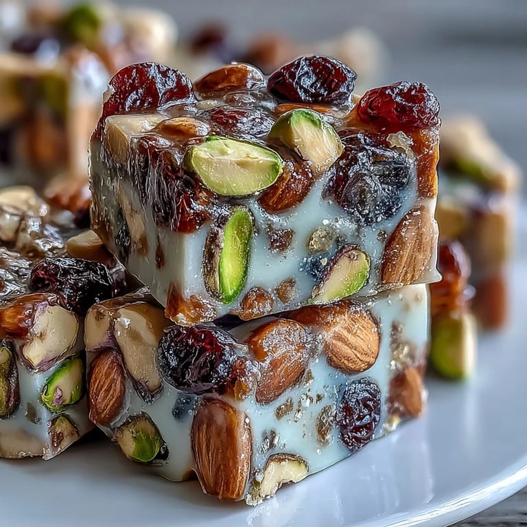 Close-up of pistachio nougat candy showcasing glossy texture and vibrant fruit and nut inclusions.