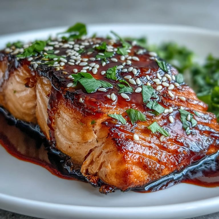 Oven-baked salmon fillets coated in a homemade teriyaki glaze, garnished with sesame seeds and sliced spring onions for a vibrant, flavor-packed meal.
