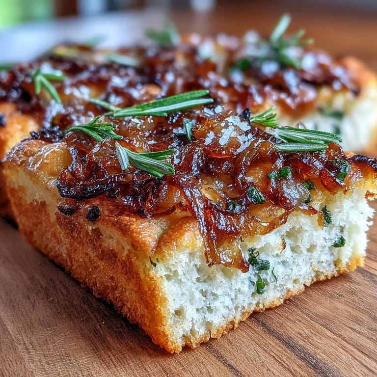 Chewy sourdough onion focaccia with a tender crumb, golden crust, and savory caramelized onion topping.