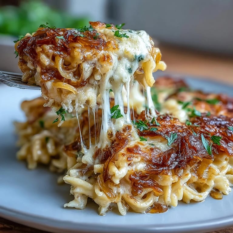 Cheesy French Onion Soup Pasta Bake featuring tender rigatoni, rich caramelized onions, and a savory Gruyère topping.
