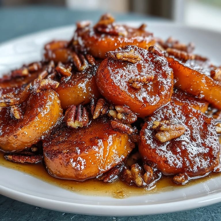 Tender sliced yams baked in a bourbon-maple glaze, caramelized to perfection and served as a festive holiday side dish.