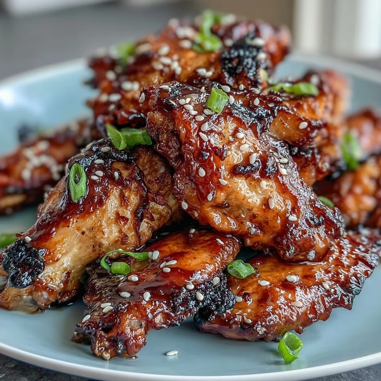 Golden-brown air fryer chicken wings tossed in a sweet and spicy honey garlic glaze, perfect for game day snacking.