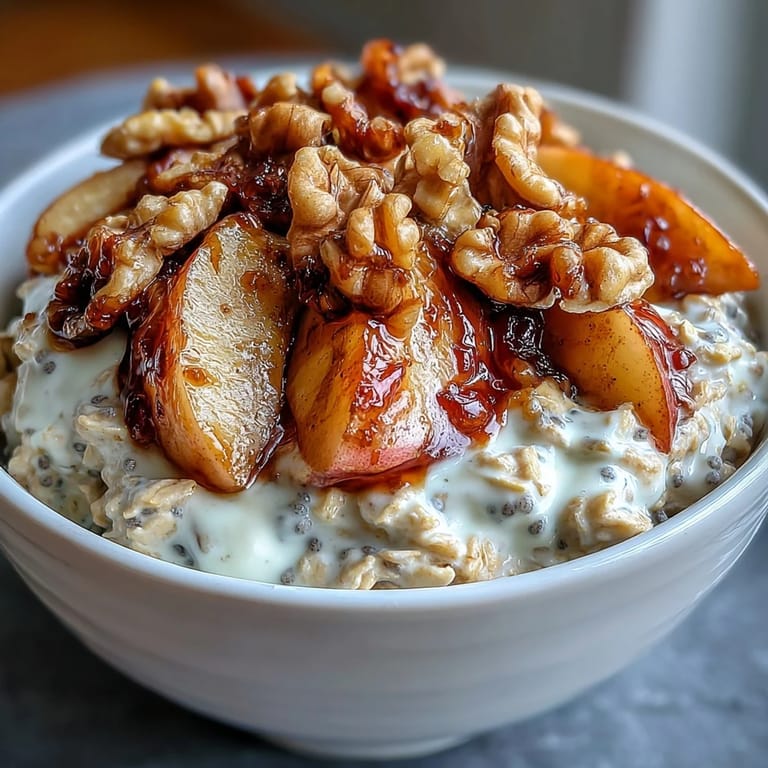 Velvety oats layered with sweet caramelized cinnamon apples and nutty walnuts, a nourishing start to your morning.