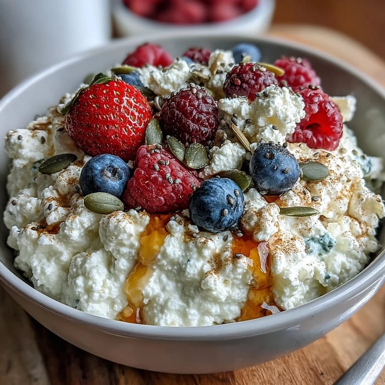 Protein-packed cottage cheese layered with fresh berries and a medley of chia, flax, and pumpkin seeds in a wholesome breakfast bowl.  