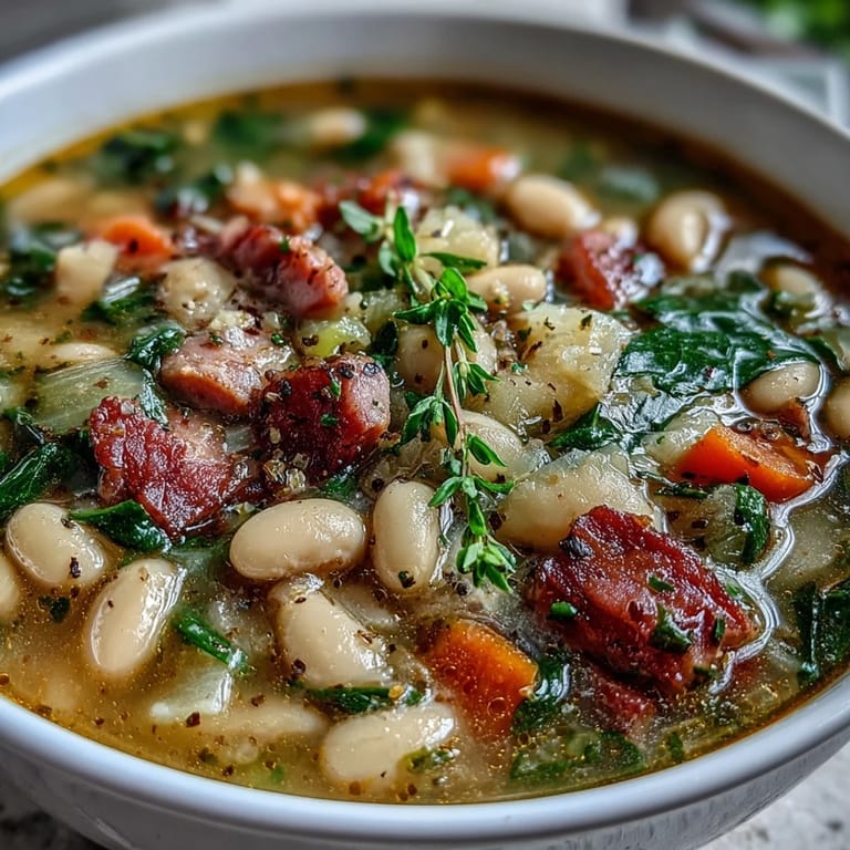 Slow-cooked ham and Great Northern bean soup with aromatic vegetables, perfect for warming up on a chilly day.