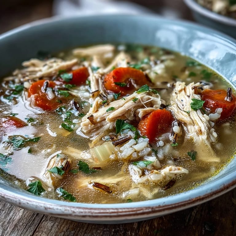 Hearty chicken and wild rice soup with tender carrots and celery in a savory broth, perfect for cold-weather comfort.