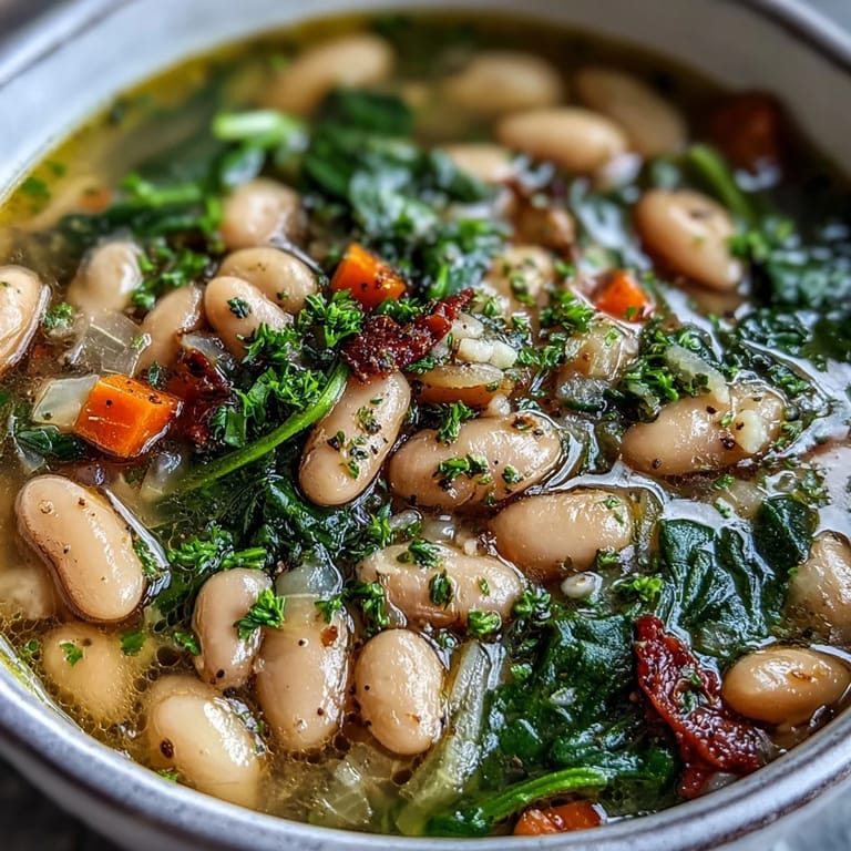Creamy white beans and wilted spinach combine in a rustic Italian soup, garnished with fresh parsley and a lemon wedge.  
