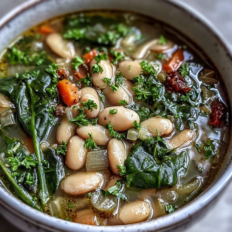 Hearty Tuscan soup featuring aromatic herbs, cannellini beans, and fresh spinach, served in a rustic bowl with crusty bread on the side.