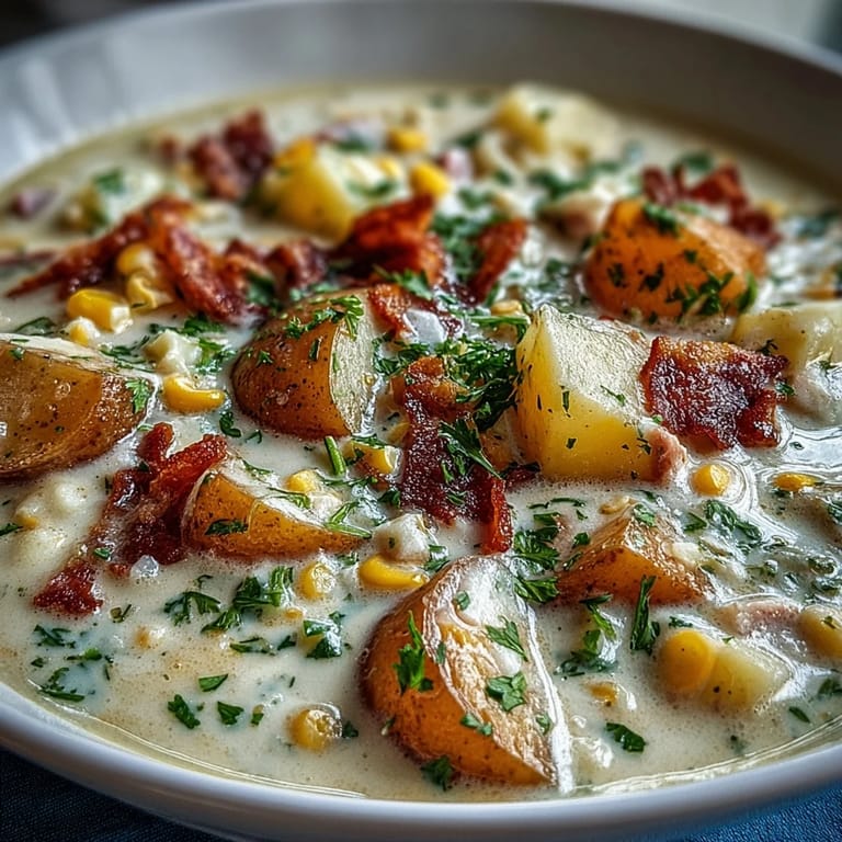 Creamy ham and potato chowder featuring golden potatoes, diced ham, and fresh corn kernels, garnished with chopped parsley.