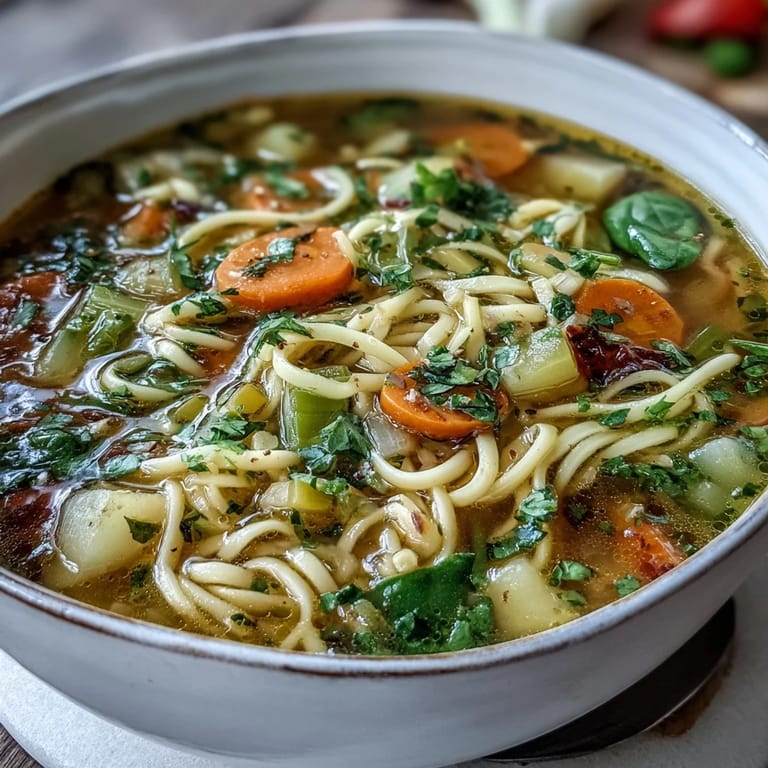 Hearty bowl of vegetable noodle soup showcasing fresh carrots, potatoes, and green beans in aromatic broth.