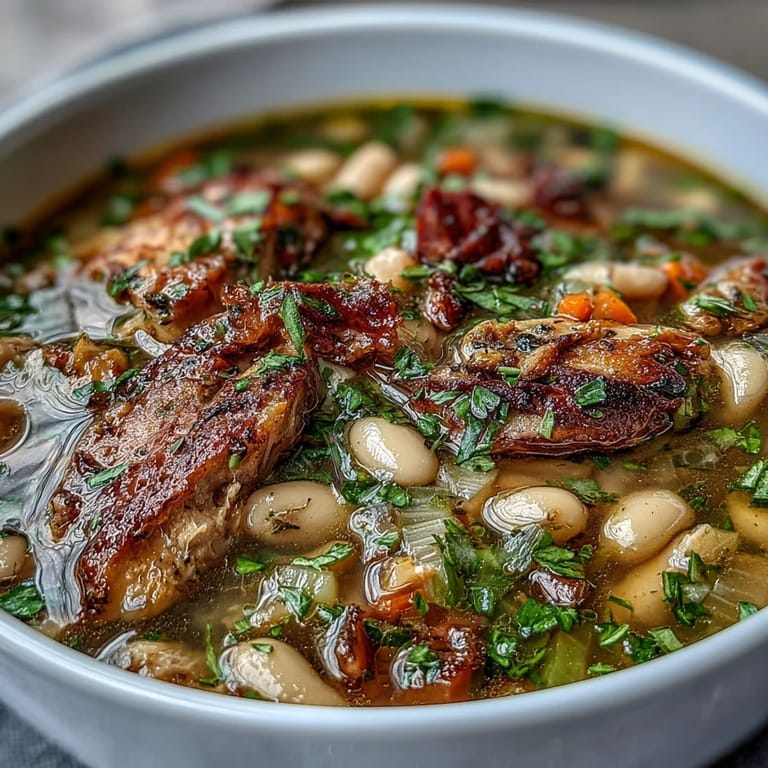 Hearty bowl of smoked turkey and white bean soup with diced carrots, celery, and parsley garnish for a comforting meal.