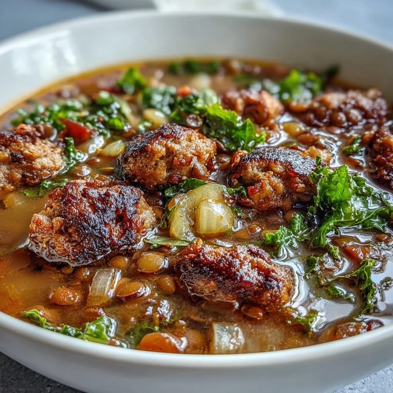 Hearty spicy sausage and lentil soup with kale, featuring browned sausage, earthy lentils, and vibrant greens simmered to perfection in a warming tomato base.