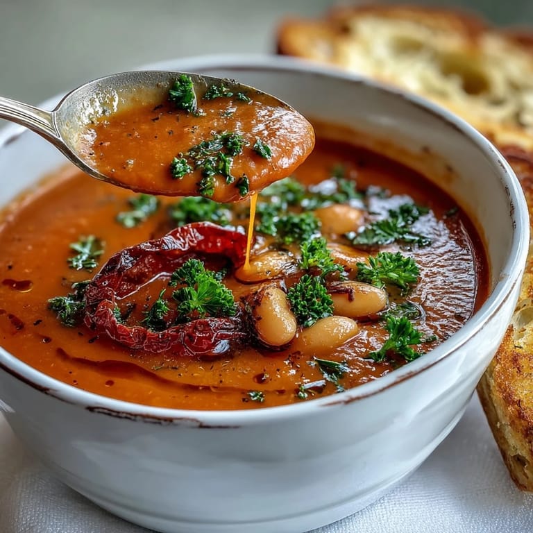 Silky smooth Roasted Red Pepper and White Bean Soup topped with fresh parsley and a drizzle of olive oil.  