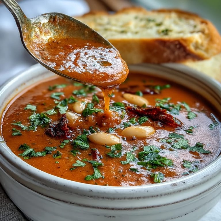 Hearty Roasted Red Pepper and White Bean Soup served with crusty bread for a comforting vegetarian meal.