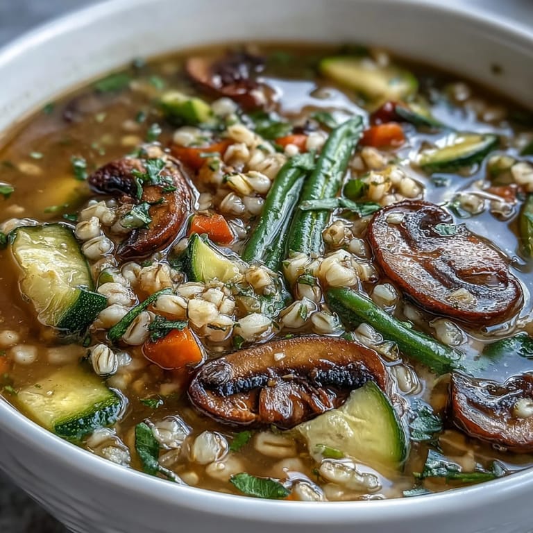 Creamy and comforting rustic vegetable barley soup featuring sliced mushrooms, diced potatoes, and zucchini, garnished with fresh parsley for a wholesome meal.