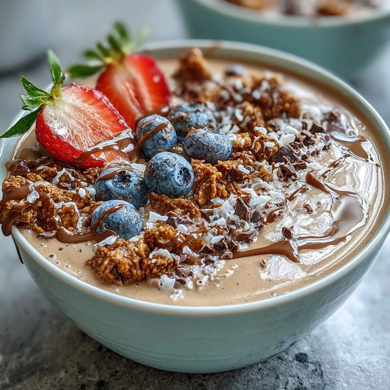Coffee-infused vanilla bean smoothie base blended with frozen banana, served in a bowl and garnished with granola and colorful fruit slices.