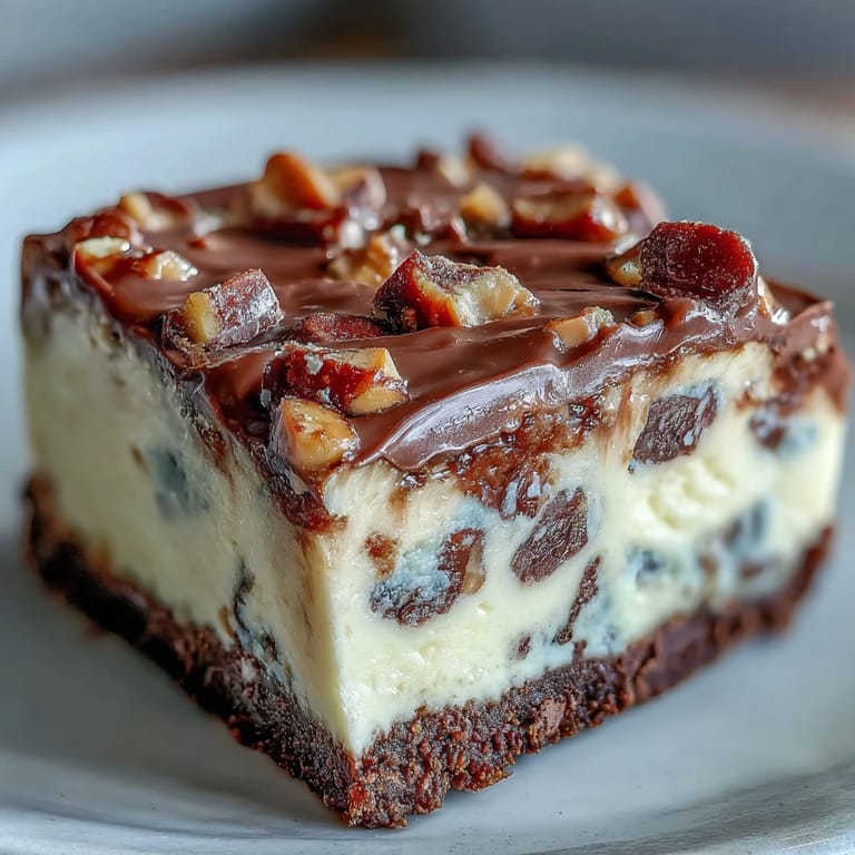 Rich cheesecake bars swirled with peanut butter and studded with mini peanut butter cups, topped with chocolate drizzle and served chilled.