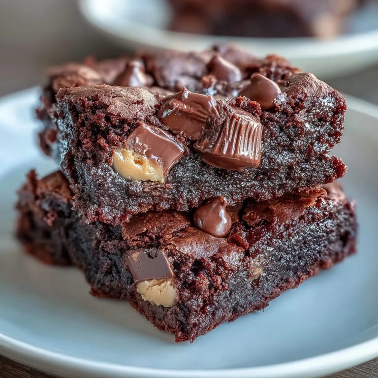 Layered peanut butter cup stuffed brownies with chocolate chips, baked until perfectly gooey and irresistible.