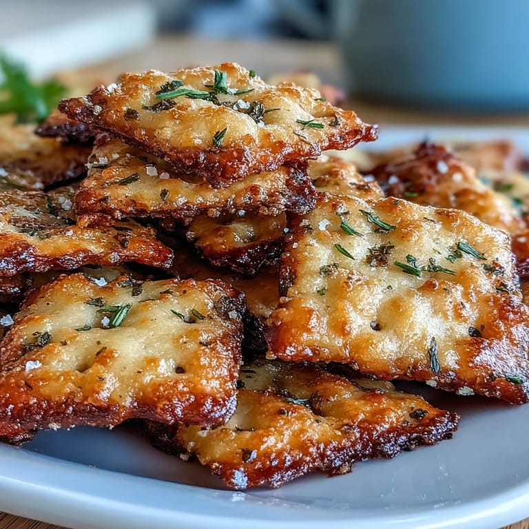 Golden sourdough crackers flavored with garlic and Parmesan, baked until perfectly crunchy for snack time.  
