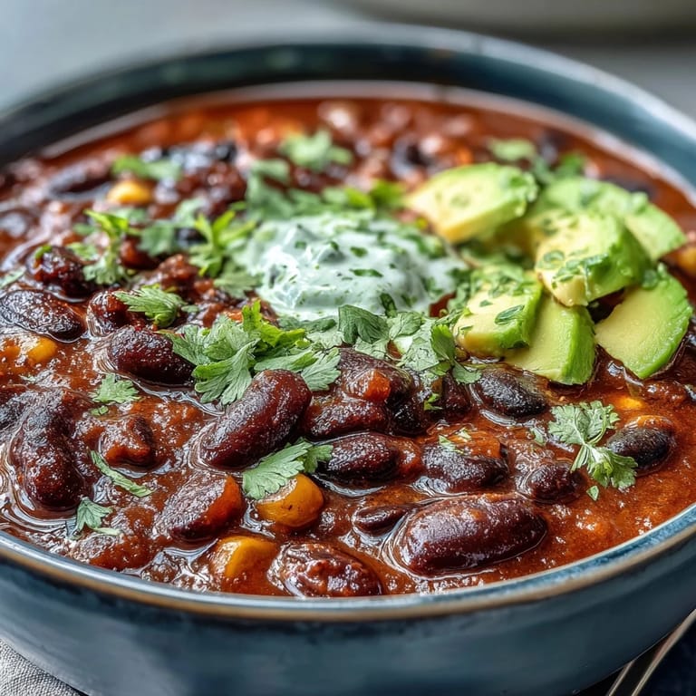 Hearty black bean and corn chili served hot with a creamy lime crema drizzle and avocado slices.
