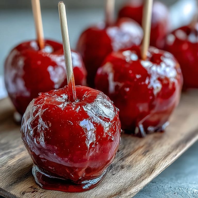 Bite-sized apples dipped in shiny red candy coating, perfect for festive celebrations.  