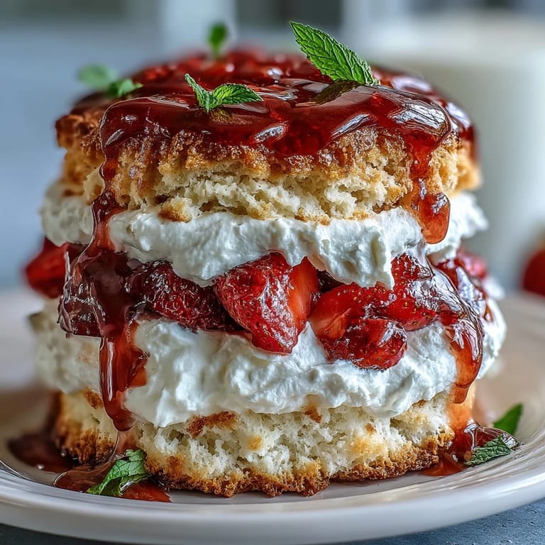 Classic Strawberry Shortcake with Biscuit Layers: buttery biscuit halves filled with macerated strawberries and sweet whipped cream for a refreshing treat.  