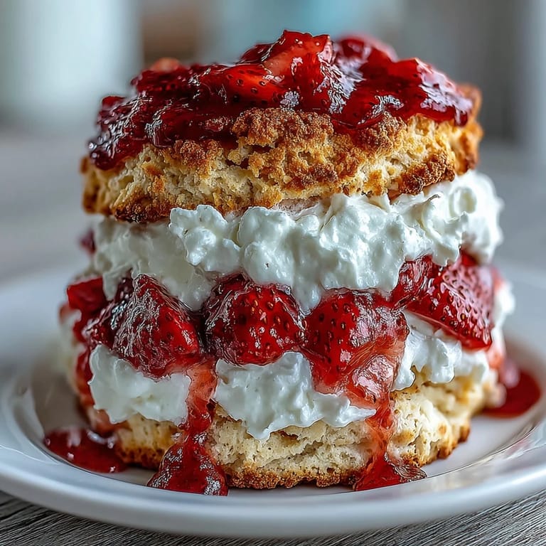 Classic Strawberry Shortcake with Biscuit Layers: tender biscuits topped with fresh strawberries and billowy whipped cream, ideal for picnics or gatherings.