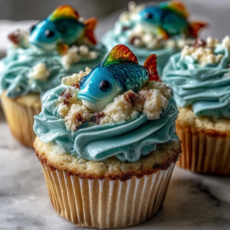 Adorable vanilla cupcakes decorated with colorful fondant fish toppers, perfect for Pisces-themed birthday parties and astrology celebrations.