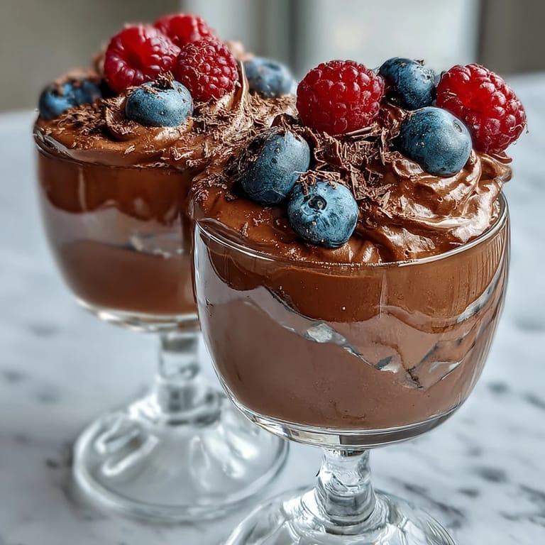 Silky smooth chocolate mousse made with cottage cheese and Greek yogurt, garnished with crunchy chopped nuts.