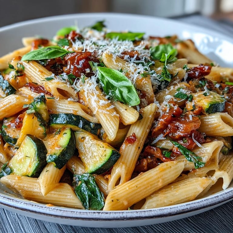 Creamy one-pot budget-friendly pasta loaded with zucchini, bell pepper, and spinach, served with extra Parmesan on top.
