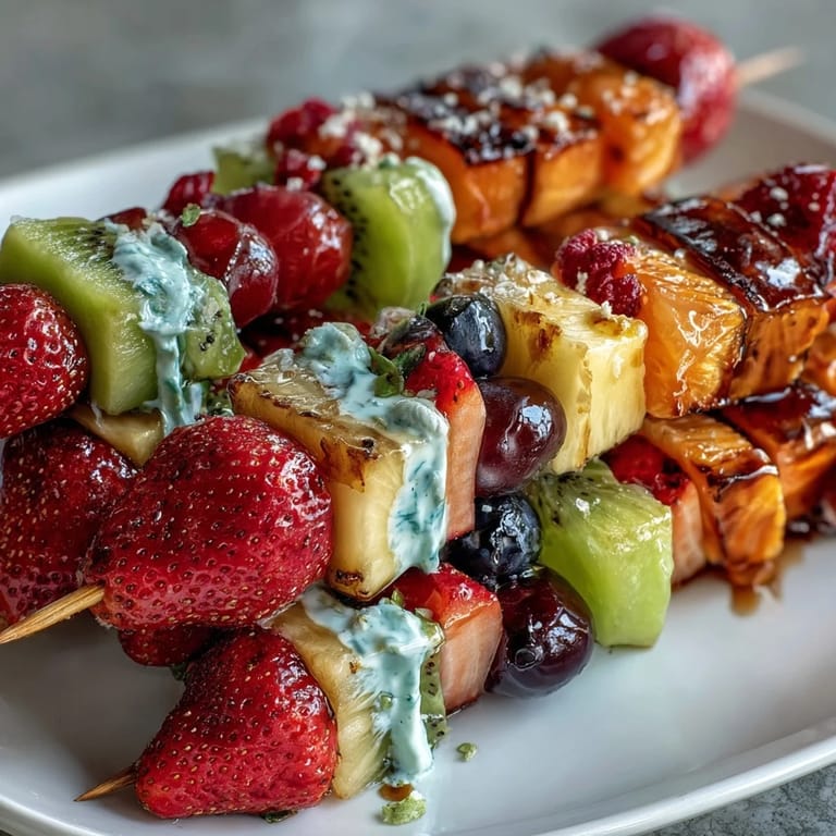 Colorful St. Patricks Day rainbow fruit kabobs arranged in festive order, paired with a refreshing honey-lime yogurt dip for a healthy treat.  