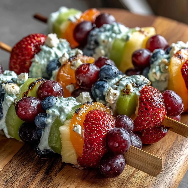 Kid-friendly St. Patricks Day rainbow fruit kabobs featuring strawberries, oranges, and grapes, served with a sweet and tangy honey-lime yogurt dip.