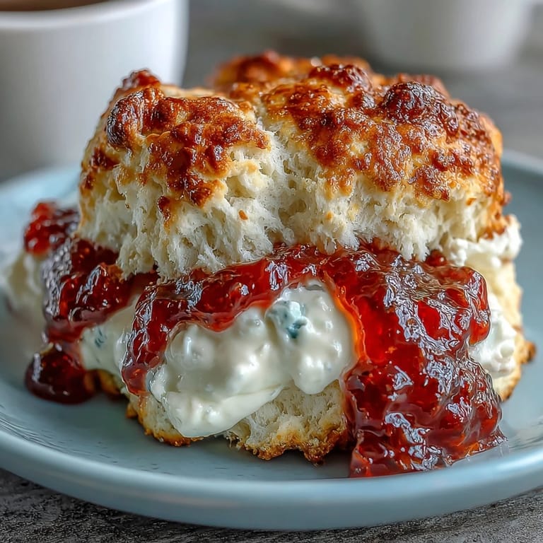 Warm, flaky scones topped with rich clotted cream and vibrant fruit jam, ideal for spring gatherings.