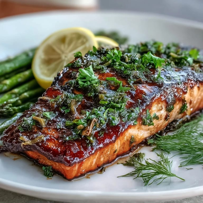 Flaky salmon fillets topped with aromatic herbs, paired with roasted asparagus and lemon wedges for a vibrant meal.