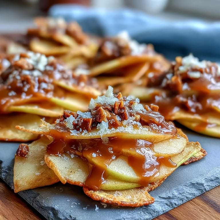 Crisp apple slices layered with warm caramel sauce and melted chocolate chips, topped with crunchy nuts and colorful sprinkles.