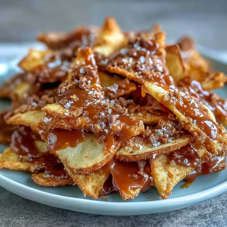 Vibrant candy apple nachos drizzled with rich caramel and dotted with chocolate chips, finished with a sprinkle of sea salt.