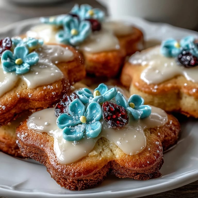 Buttery sugar cookies decorated with intricate royal icing blossoms in soft pink, yellow, and lavender hues.