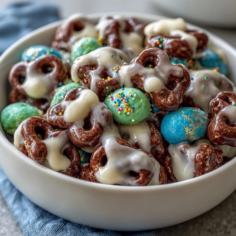 Festive St. Patrick's Day Treats Board with Lucky Charms Bark, featuring colorful sweets and a creamy white chocolate base.