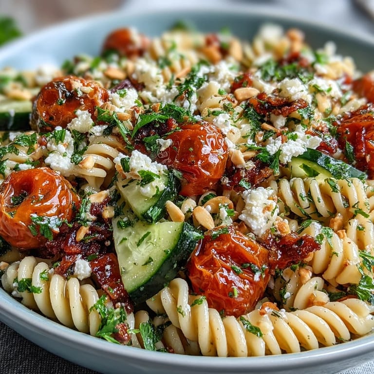 Refreshing pasta salad with crisp cucumbers, juicy tomatoes, and zesty lemon vinaigrette, served chilled.  