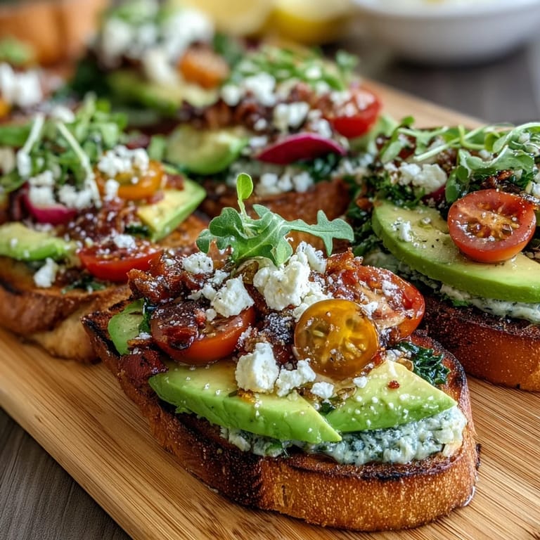 Vibrant avocado toast board with a variety of fresh toppings, including sliced radishes, cherry tomatoes, and crumbled cheese for a festive spring brunch.