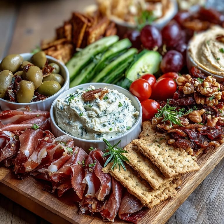 A beautifully arranged charcuterie board with dips, breads, and seasonal fruits for festive entertaining.