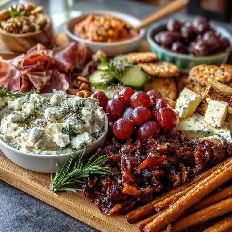 An inviting spread of meats, cheeses, crackers, fruits, and nuts perfect for celebrating a new home.  