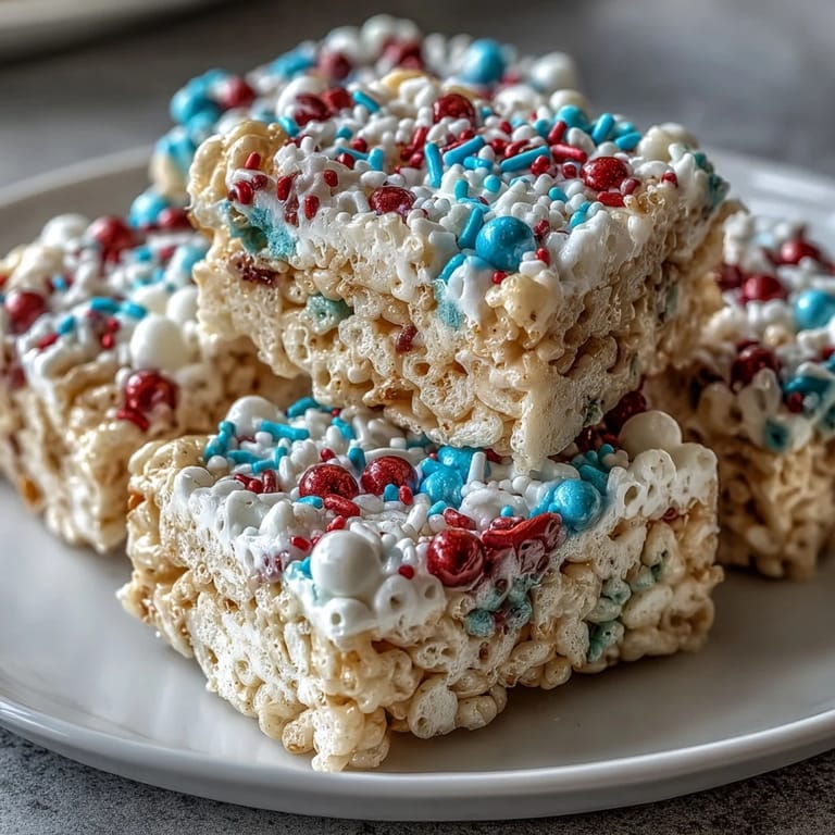 Festive red, white, and blue Rice Krispies Treats with sprinkles, a fun and easy Independence Day treat.